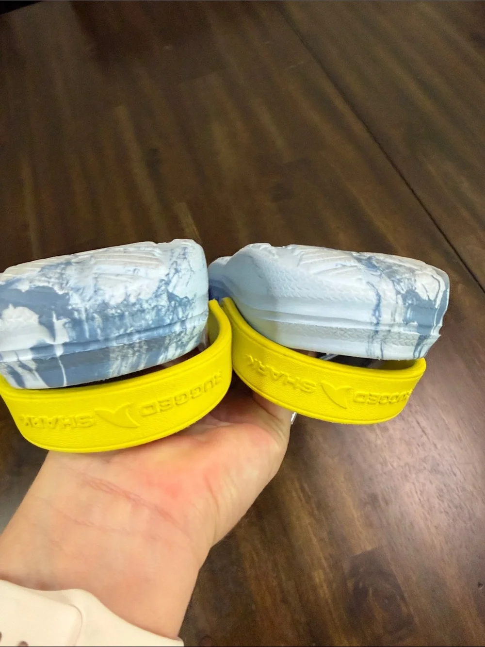 Kids Blue Marble Slip-On Sandals with Bright Yellow Heel Strap